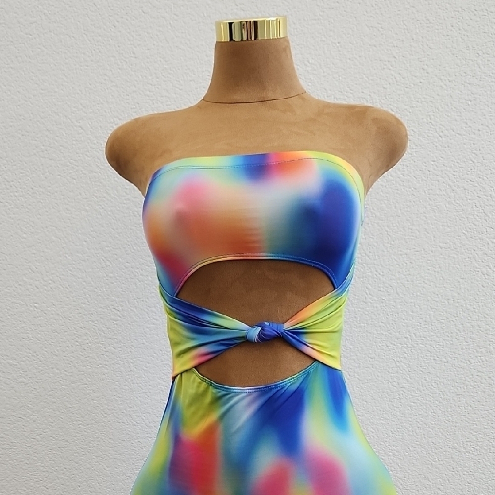 Multicolor Strapless Tie-Dye Dress